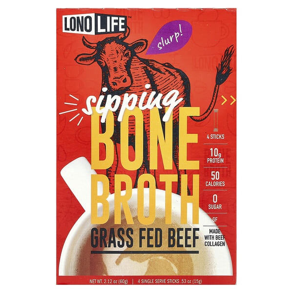 lno00625_v_60.jpg Lonolife, Sipping, Bone Broth, говядина травяного откорма, 4 пакетика по 15 г (0,53 унции)