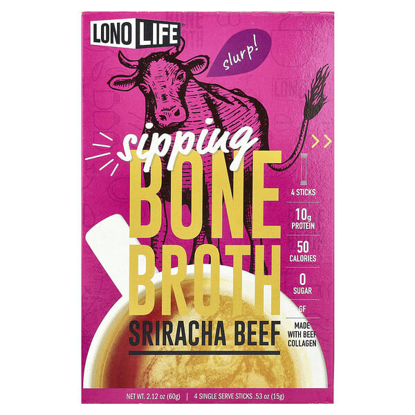 lno00880_v_17.jpg Lonolife, Sipping Bone Broth, говядина шрирача, 4 порционные палочки, 15 г (0,53 унции)