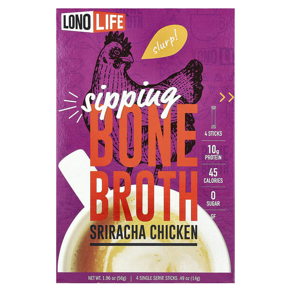 lno00882_v_17.jpg Lonolife, Sipping Bone Broth, курица шрирача, 4 порционные палочки, 14 г (0,49 унции)