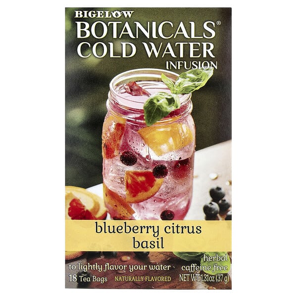low39001_v_22.jpg Botanicals®, настой в холодной воде, травяной чай, без кофеина, голубика, цитрус и базилик, 18 чайных пакетиков, 37 г (1,31 унции) — Bigelow