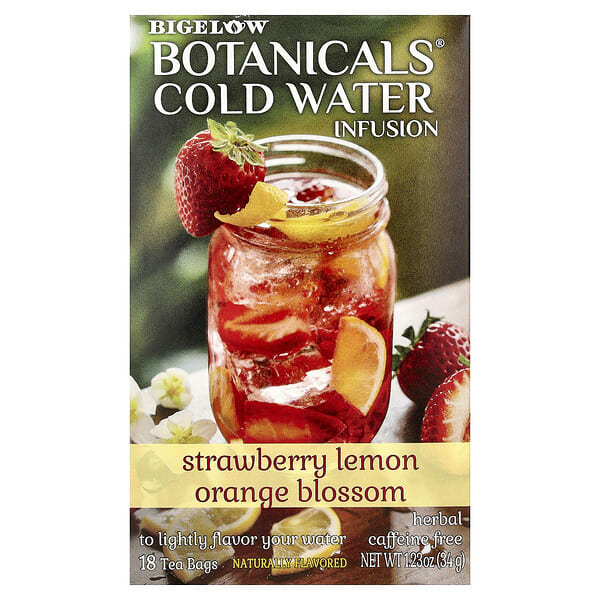 low39003_v_22.jpg Botanicals®, настой из холодной воды, травяной чай, клубника, лимон и цветы апельсина, без кофеина, 18 чайных пакетиков, 34 г (1,23 унции) — Bigelow