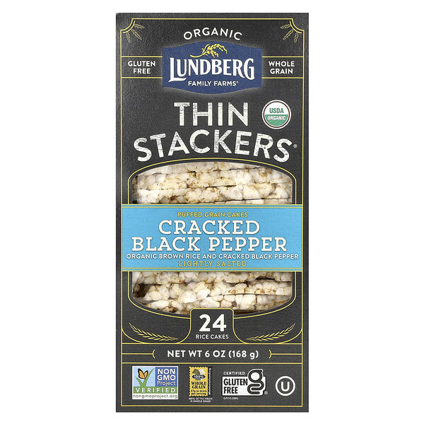 lrg55300_v_25.jpg Organic Thin Stackers, воздушные пирожные, черный перец с мелкой солью, с легкой солью, 24 рисовых кекса, 168 г (6 унций) — Lundberg