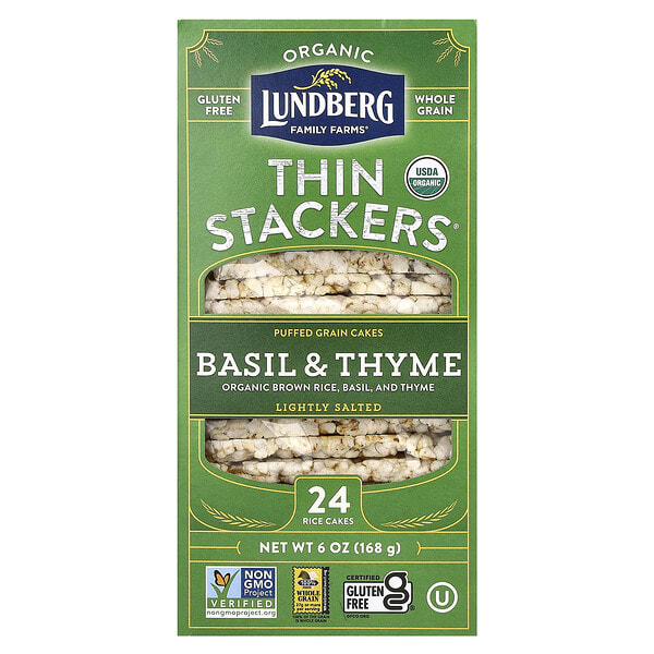 lrg55840_v_25.jpg Organic Thin Stackers, воздушные зерновые пироги, базилик и чабрец, слабосоленые, 24 рисовых пирога, 168 г (6 унций) — Lundberg