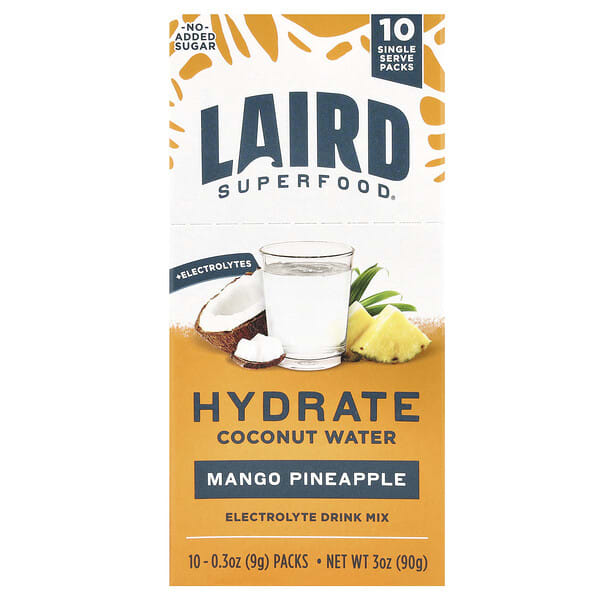 lsf13297_v_18.jpg Hydrate Coconut Water, смесь для приготовления электролитного напитка, манго и ананас, 10 порционных пакетиков по 9 г (0,3 унции) — Laird Superfood
