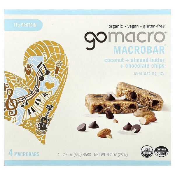 mac00694_v_20.jpg MacroBar®, Everancing Joy, кокосовое масло, миндальная паста и шоколадная крошка, 4 батончика по 65 г (2,3 унции) — GoMacro