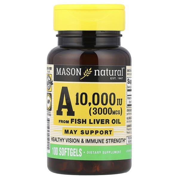 mav05921_v_52.jpg витамин A из жира печени рыбы, 3000 мкг (10 000 МЕ), 100 капсул — Mason Natural