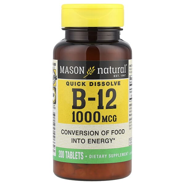 mav09662_v_24.jpg быстрорастворимый витамин B12, 1000 мкг, 200 таблеток — Mason Natural