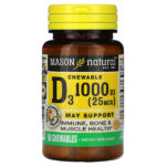 Витамин D3, персик и ваниль, 25 мкг (1000 МЕ), 50 жевательных таблеток — Mason Natural