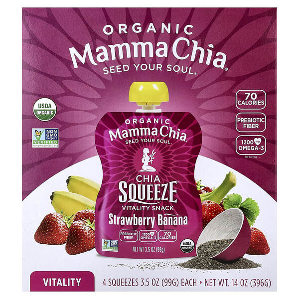 mch00226_v_77.jpg органический снек для жизненной силы от Chia Squeeze®, со вкусом клубники и банана, 4 пакетика по 99 г (3,5 унции) — Mamma Chia