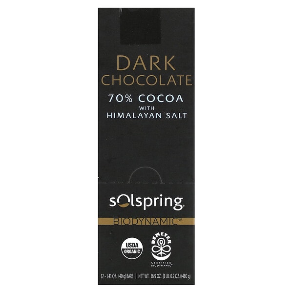 mcl21175_v_18.jpg Solspring®, Biodynamic®, темный шоколад, 70% какао с гималайской солью, 12 плиток по 40 г (1,41 унции) — Dr. Mercola
