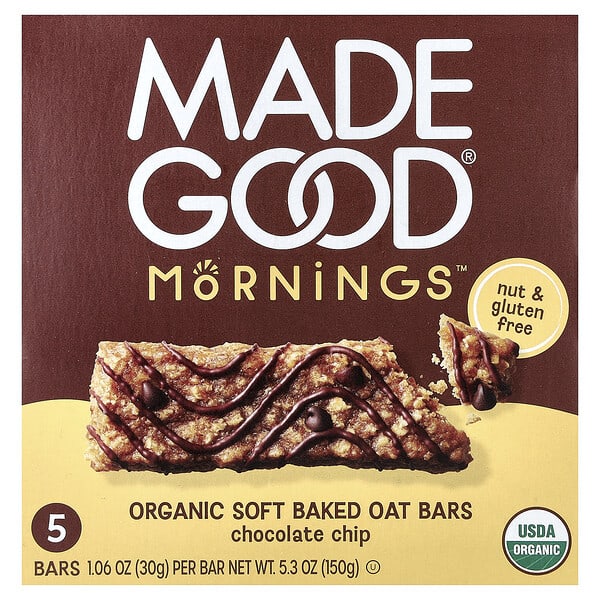 mdg21564_v_18.jpg Mornings™, органические запеченные овсяные батончики, с шоколадной крошкой, 5 батончиков по 30 г (1,06 унции) — MadeGood
