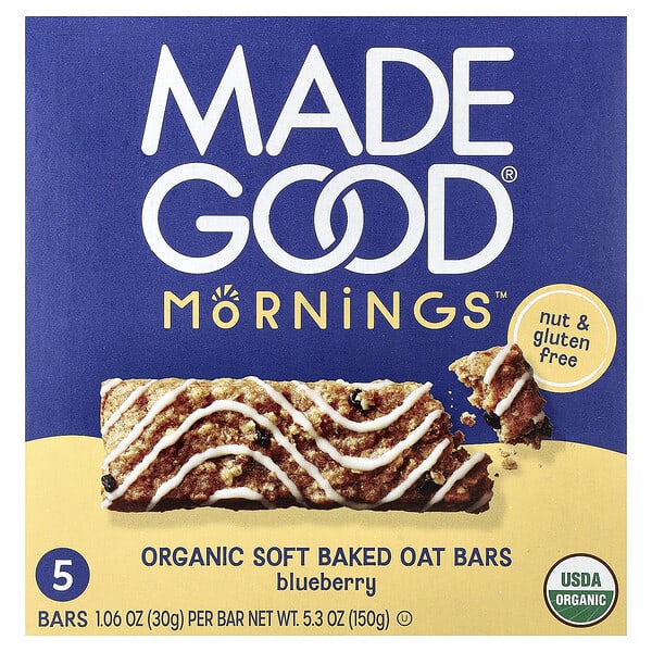 mdg21565_v_17.jpg Mornings™, органические запеченные овсяные батончики, со вкусом голубики, 5 батончиков по 30 г (1,06 унции) — MadeGood