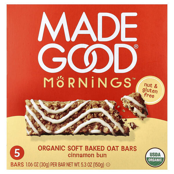 mdg21566_v_18.jpg Mornings™, органические запеченные овсяные батончики, булочка с корицей, 5 батончиков по 30 г (1,06 унции) — MadeGood
