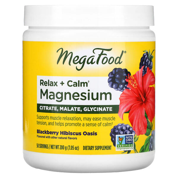 mgf60170_v_16.jpg Relax + Calm Magnesium, Оазис ежевики и гибискуса, 7,05 унции (200 г) — MegaFood