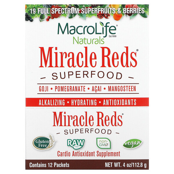 mgi00113_v_18.jpg Miracle Reds®, суперфуд, годжи, гранат, асаи и мангостан, 12 пакетиков по 9,5 г (0,3 унции) — Macrolife Naturals