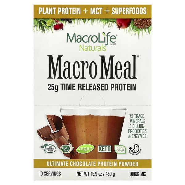 mgi00117_v_42.jpg Macro Meal®, протеиновый порошок, со вкусом шоколада, 10 пакетиков по 45 г (1,6 унции) — Macrolife Naturals