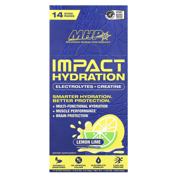 mhp01011_v_17.jpg Impact Hydration, электролиты и креатин, лимон и лайм, 14 стик-пакетов по 14,76 г (0,52 унции) — MHP