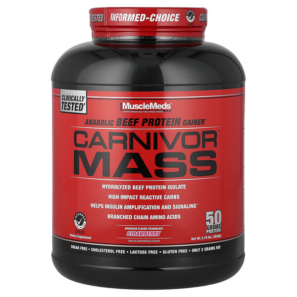 mme00405_v_28.jpg Carnivor™ Mass, анаболический гейнер с говяжьим протеином, клубничный вкус, 2628 г (5,79 фунта) — MuscleMeds