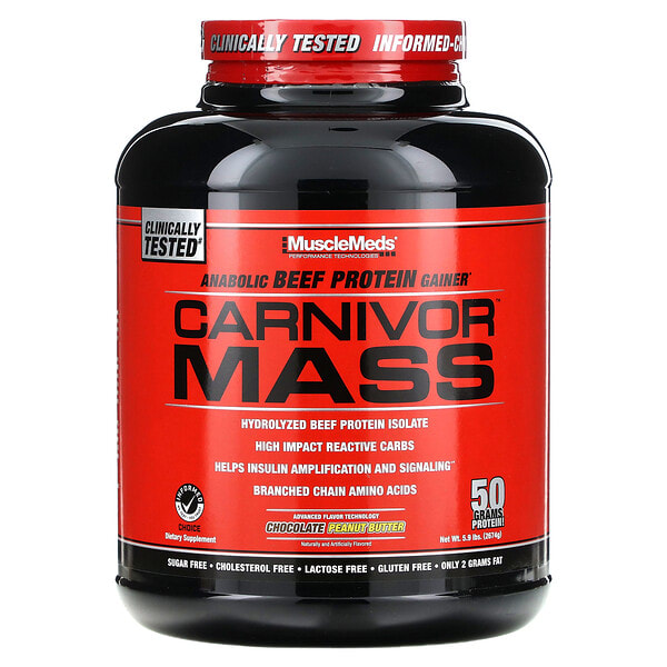 mme00406_v_14.jpg Carnivor Mass, анаболический гейнер с говяжьим протеином, шоколад и арахисовое масло, 2674 г (5,9 фунта) — MuscleMeds