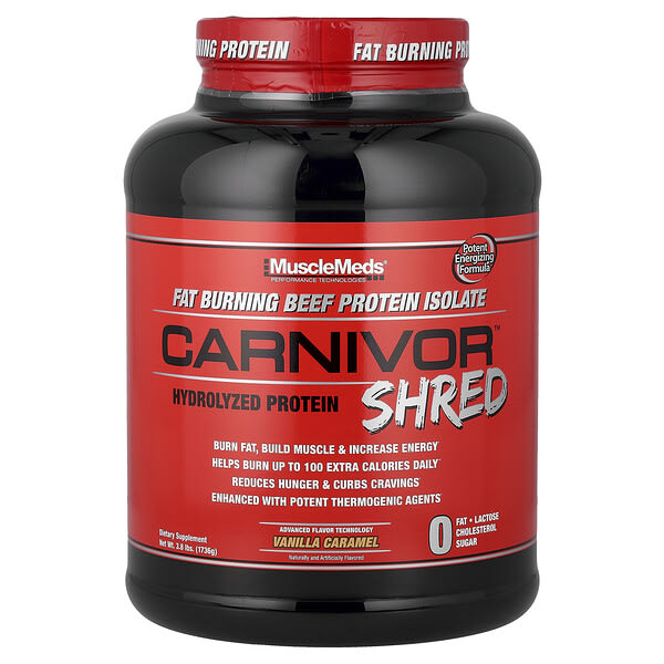 mme00620_v_25.jpg Carnivor™ Shred, гидролизованный протеин, со вкусом ваниля и карамель, 1736 г (3,8 фунта) — MuscleMeds
