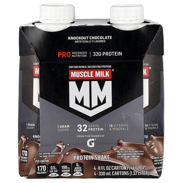 mmk00315_v_20.jpg Pro Advanced Nutrition, Protein Shake, Knockout Chocolate, 4 Cartons, 11 fl oz (330 ml) Each — Muscle Milk