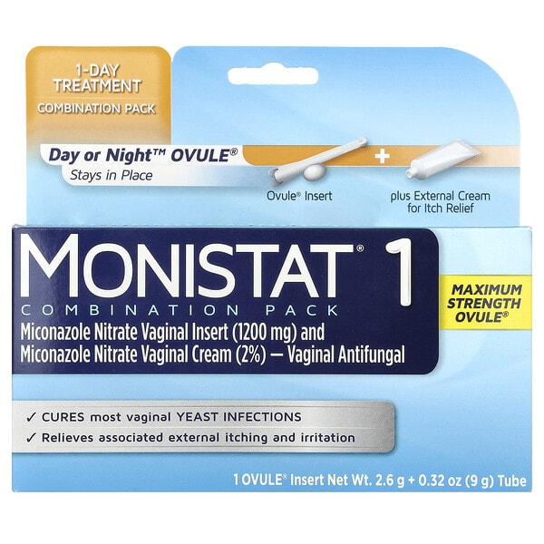 mos44180_v_31.jpg Monistat, Комбинированный пакет для лечения на 1 день, дневная или ночная яйцеклетка, максимальная эффективность, 1 вкладыш для яйцеклетки, трубка 2,6 г + 0,32 унции (9 г)
