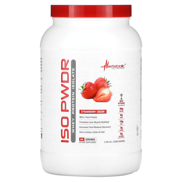 mtb13306_v_8.jpg ISOpwdr, изолят сывороточного протеина, клубничный крем, 1380 г — Metabolic Nutrition