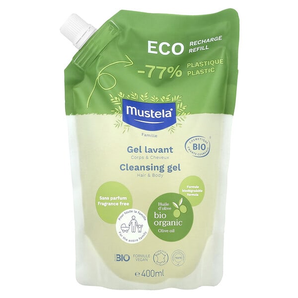 mtl03872_v_4.jpg Eco Recharge Refill, семейный, очищающий гель, для волос и тела, без отдушек, 400 мл — Mustela