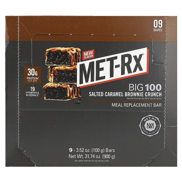 mtx00001_v_12.jpg Big 100, батончик, заменяющий прием пищи, хрустящий брауни с соленой карамелью, 9 батончиков по 100 г (3,52 унции) — MET-Rx
