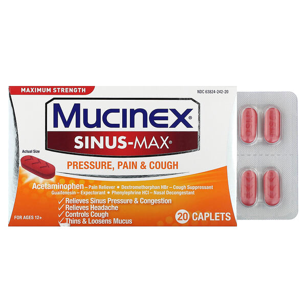 muc24220_v_11.jpg Sinus-Max, давление, боль и кашель, для детей от 12 лет, 20 капсул — Mucinex
