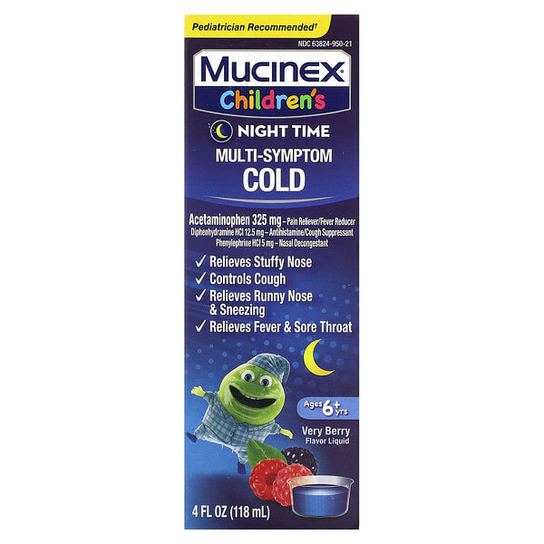 muc60064_v_20.jpg Children's, средство от простуды, перед сном, для детей от 6 лет, с ягодным вкусом, 118 мл (4 жидк. унции) — Mucinex