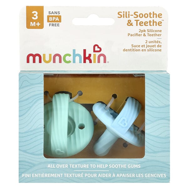 mun30033_v_20.jpg Sili-Soothe & Teethe™, силиконовая соска и прорезыватель, от 3 месяцев, голубой и светло-зеленый, 2 шт. — Munchkin