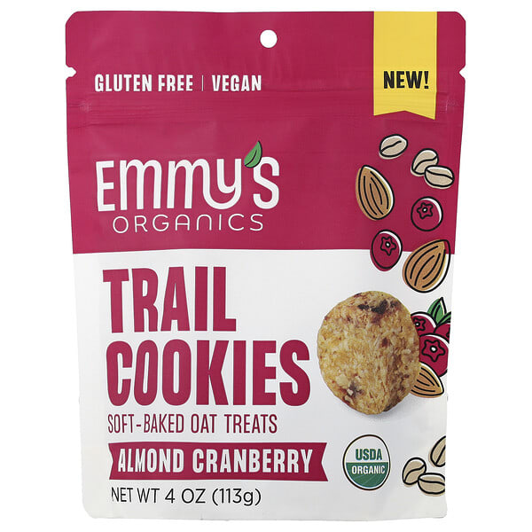 mys00681_v_2.jpg Trail Cookies, запеченные овсяные лакомства, миндаль и клюква, 113 г (4 унции) — Emmy's Organic Cookies
