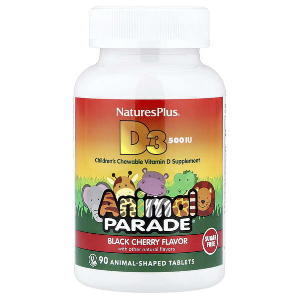 nap29923_v_49.jpg Animal Parade®, витамин D3, со вкусом черешни, 12,5 мкг (500 МЕ), 90 таблеток в форме животных — NaturesPlus