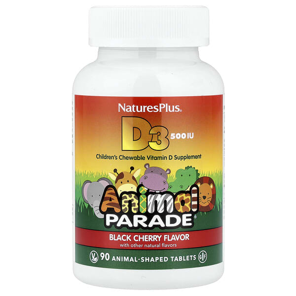 nap29950_v_69.jpg Animal Parade®, витамин D3, со вкусом черешни, 12,5 мкг (500 МЕ), 90 таблеток в форме животных — NaturesPlus
