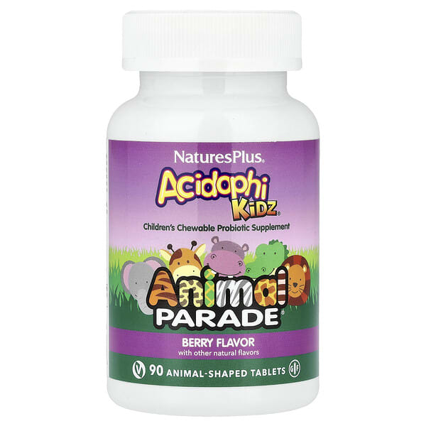 nap29969_v_46.jpg Animal Parade® AcidophiKidz®, для детей жевательный пробиотик, с ягодным вкусом, 90 таблеток в форме животных — NaturesPlus