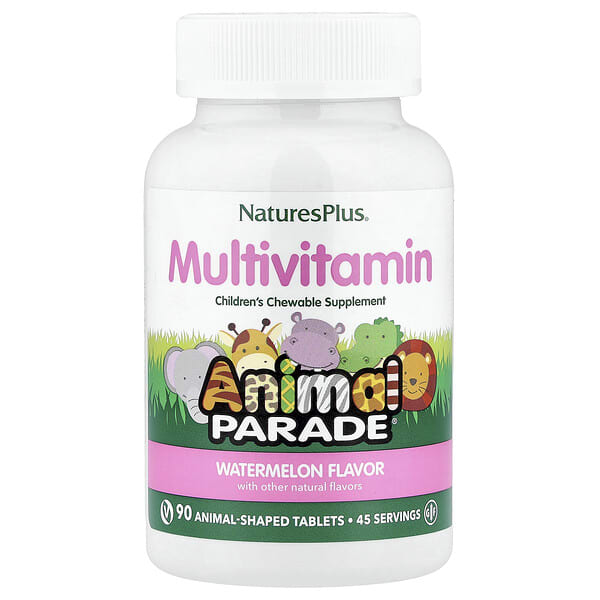 nap29990_v_41.jpg Animal Parade®, жевательные мультивитамины для детей, со вкусом арбуза, 90 таблеток в форме животных — NaturesPlus