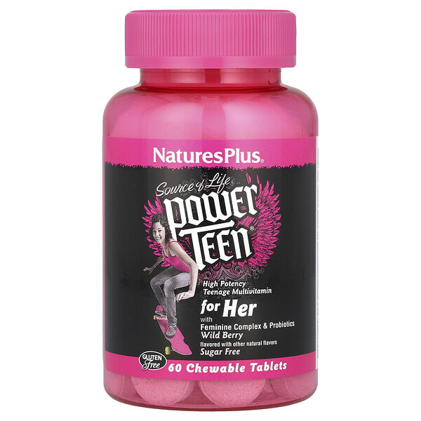 nap30004_v_44.jpg NaturesPlus, Source of Life®️, Power Teen®️, добавка для девочек-подростков, без сахара, со вкусом лесных ягод, 60 жевательных таблеток — NaturesPlus