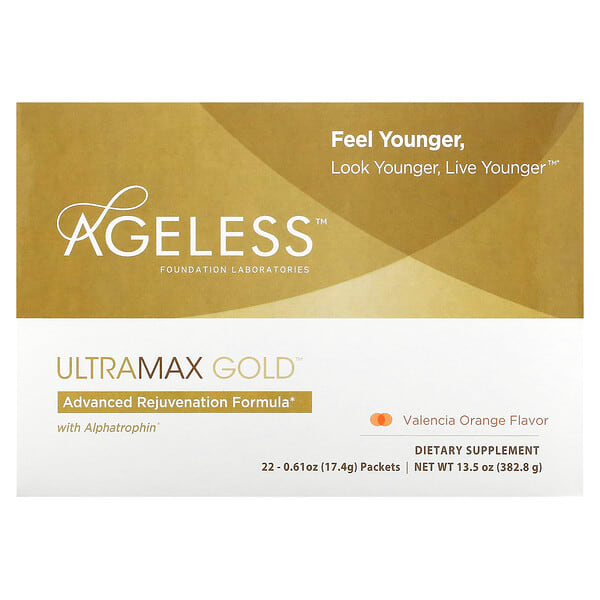 nat00110_v_29.jpg UltraMax Gold, улучшенная формула омоложения с альфатрофином, со вкусом валенсийского апельсина, 22 пакетика по 17,4 г каждый — Ageless Foundation Laboratories