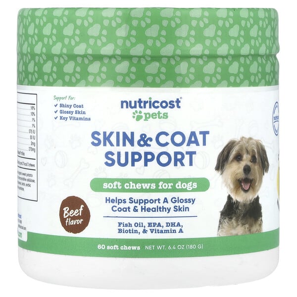 ncs57143_v_24.jpg Pets, для поддержки кожи и шерсти, для собак, говядина, 60 жевательных таблеток, 180 г (6,4 унции) — Nutricost