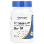 Калий, 99 мг, 30 капсул — Nutricost