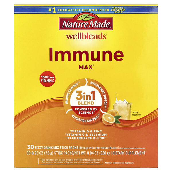 ndm00106_v_37.jpg Wellblends™, Immune Max®, со вкусом апельсина, 30 пакетиков по 7,6 г (0,26 унции) — Nature Made