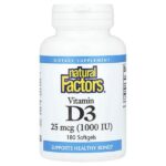 витамин D3, 25 мкг (1000 МЕ), 180 капсул — Natural Factors
