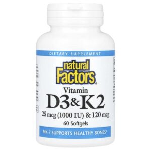 витамины D3 и K2, 25 мкг (1000 МЕ) и 120 мкг, 60 капсул — Natural Factors