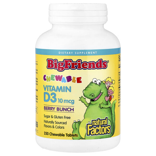 nfs01546_v_45.jpg Big Friends®, жевательный витамин D3, со вкусом ягод, 10 мкг (400 МЕ), 250 жевательных таблеток — Natural Factors