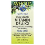 Whole Earth Sea®, 100% веганские витамины D3 и K2, 15 мл (0,5 жидк. унц.) — Natural Factors