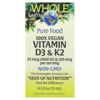 Whole Earth Sea®, 100% веганские витамины D3 и K2, 15 мл (0,5 жидк. унц.) — Natural Factors