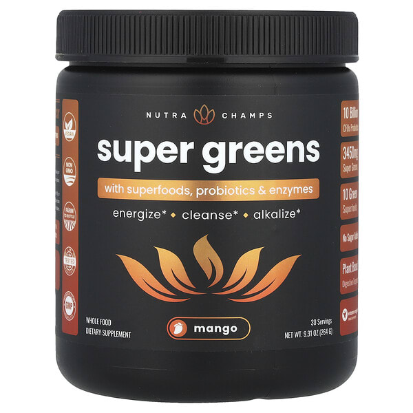 nhp50308_v_8.jpg Super Greens, с суперфудом, пробиотиками и ферментами, манго, 264 г (9,31 унции) — NutraChamps