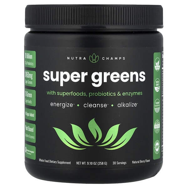 nhp99986_v_24.jpg Super Greens с суперпродуктами, пробиотиками и ферментами, натуральные ягоды, 258 г (9,10 унции) — NutraChamps