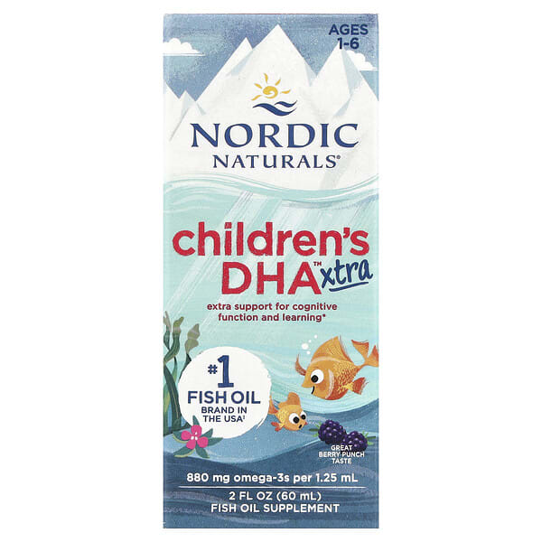 nor02725_v_101.jpg Children's DHA Xtra, для детей возрастом 1–6 лет, вкус ягодного пунша, 880 мг, 60 мл (2 жидк. унции) — Nordic Naturals